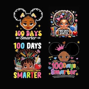 Könnte beinhalten: Vier farbenfrohe Illustrationen auf schwarzem Hintergrund. Jede zeigt ein Cartoon-Mädchen mit dunkler Haut und lockigem Haar, das "100 Days Smarter" feiert. Die Bilder enthalten Bleistifte, Bücher, Äpfel und dekorative Elemente.
