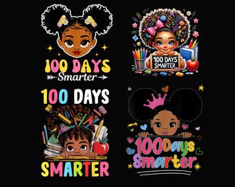 Afro Girl 100 Days of School PNG Bundle, 100 Days Smarter PNG, Black Girl School Clipart, Colorful Teacher PNG, Kids School Shirt Designs