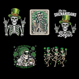 Op de afbeelding: Een verzameling illustraties met St. Patrick's Day-thema met skeletten. Eén skelet draagt een groene hoed en maakt een rock-and-roll handgebaar. Een ander houdt een biertje vast en een derde een koffiekopje. Tekst bevat "Let the Shenanigans Begin."