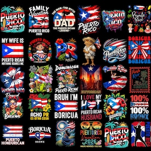 May include: A collection of colorful Puerto Rico-themed designs on a black background. The designs include flags, text, and illustrations of various elements such as a frog, a woman in a dress, and a baseball player. The text includes phrases like "Puerto Rico 2026" and "My Wife is Puerto Rican."