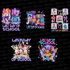 Può includere: Una collezione di grafiche colorate con la scritta "LAST DAY OF SCHOOL" e vari personaggi dei cartoni animati. I disegni presentano colori vivaci, stelle ed elementi a tema scolastico, perfetti per abbigliamento o accessori.