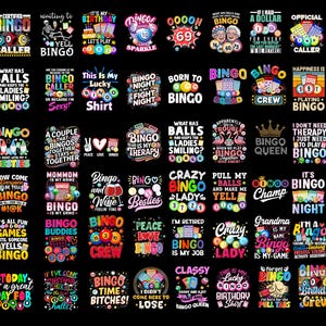 May include: A collection of colorful bingo-themed designs on a black background. Each design features text and graphics related to bingo, including phrases like "Bingo Night," "Crazy Bingo Lady," and "Bingo Queen." The designs are suitable for apparel and accessories.