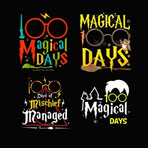 Peut inclure: Quatre motifs sur fond noir avec les textes "100 Magical Days" et "Days of Mischief Managed", des lunettes, des éclairs et d'autres éléments magiques. Les motifs sont de différentes couleurs, dont le rouge, le jaune et le vert.