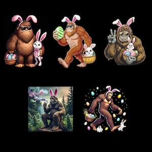 May include: A collection of cartoon illustrations featuring Bigfoot characters wearing Easter bunny ears and sunglasses. The Bigfoot characters are holding Easter baskets, eggs, and a pipe. The illustrations are set against a black background.