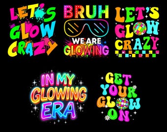 Paquete de PNG neón de la era Glow, diseños que brillan, tipografía retro divertida, textos brillantes y coloridos para camisetas, tazas y pegatinas.
