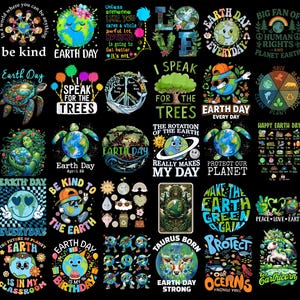 Può includere: Una collezione di disegni a tema Giornata della Terra su sfondo nero. I disegni includono illustrazioni della Terra, tartarughe, alberi e vari slogan come "Sii gentile", "Proteggi il nostro pianeta" e "Parla per gli alberi".