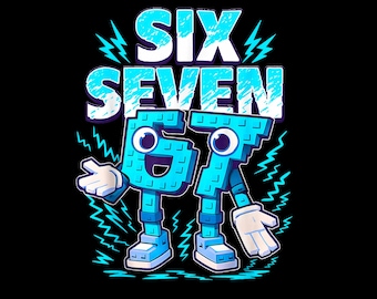 Puede incluir: Un fondo negro con las palabras "SIX SEVEN" en blanco y azul. Los números "6" y "7" están animados con ojos, brazos, piernas y zapatos. Rayos azules rodean los números.