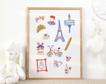 Paris Icons Art Print | Kids Wall Art | Travel Poster | Gouache Painting | Hand-drawn Illustration | Home Decor | Gallery Wall