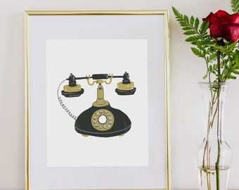 Vintage Phone Art Print | Retro Series Home Decor | Wall Art | Giclee Poster | Anniversary Birthday Gift | Ink Vintage Illustration