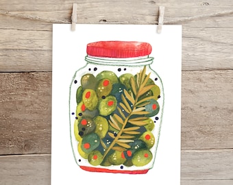 Olive Jar Art Print | Pickled Home Decor | Olive You Kitchen Painting | Giclee Poster | Gallery Wall Set | Watercolor Illustration