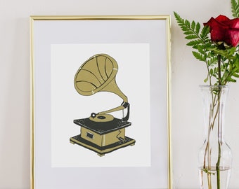 Gramophone Art Print | Retro Series Home Decor | Wall Art | Giclee Poster | Anniversary Birthday Gift | Ink Vintage Illustration