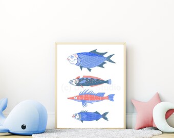 Fish Artwork | Gouache Illustration | Lake House Wall Art | Fisherman Giclee Poster | Fish Nursery Decor | Beach House Wall Hanging