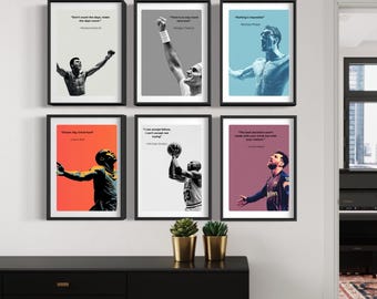 Legends of Sport Poster Set of 6 | Inspirational Athlete Wall Art | Messi Jordan Ali Federer Phelps Bolt | Sports Decor Bundle