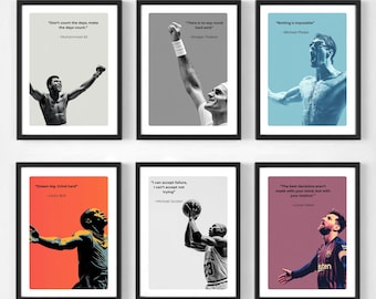 Legends-posterset van 6 | Michael Jordan, Michael Phelps, Roger Federer, Muhammad Ali, Usain Bolt, Messi | Motiverende sportprints