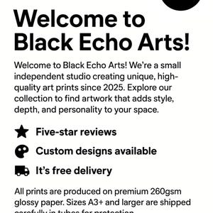 May include: White background with the text "Welcome to Black Echo Arts!" and a black elephant logo. The text describes a studio creating unique, high-quality art prints since 2025. It also mentions five-star reviews, custom designs, and free delivery.