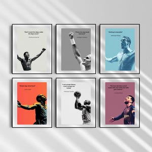 May include: Six framed motivational posters featuring athletes with inspirational quotes. The posters have different colored backgrounds and black frames. Each poster has a different athlete and quote.