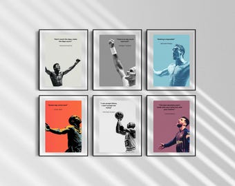 Pode incluir: Seis cartazes emoldurados com citações motivacionais e imagens de atletas. Os cartazes têm molduras pretas e fundos de cores diferentes. Cada cartaz apresenta um atleta diferente e uma citação única.