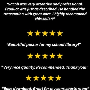 May include: Black background with gold stars and customer reviews. Text includes positive feedback about product quality, download ease, and seller attentiveness. Reviews mention a school library and a sports room.