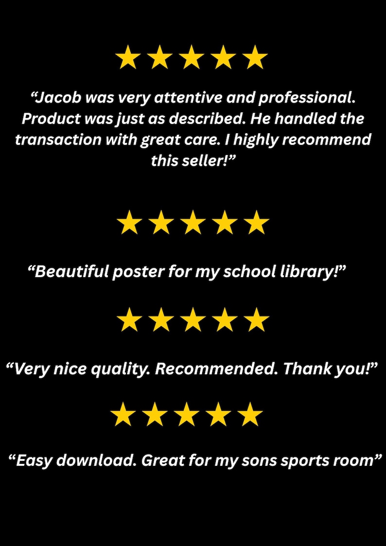 May include: Black background with gold stars and customer reviews. Text includes positive feedback about product quality, download ease, and seller attentiveness. Reviews mention a school library and a sports room.