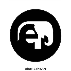 May include: A black and white logo featuring an elephant design within a black circle. The elephant is formed by the negative space of the letter "e" and a stylized trunk. The text "BlackEchoArt" is below the logo.