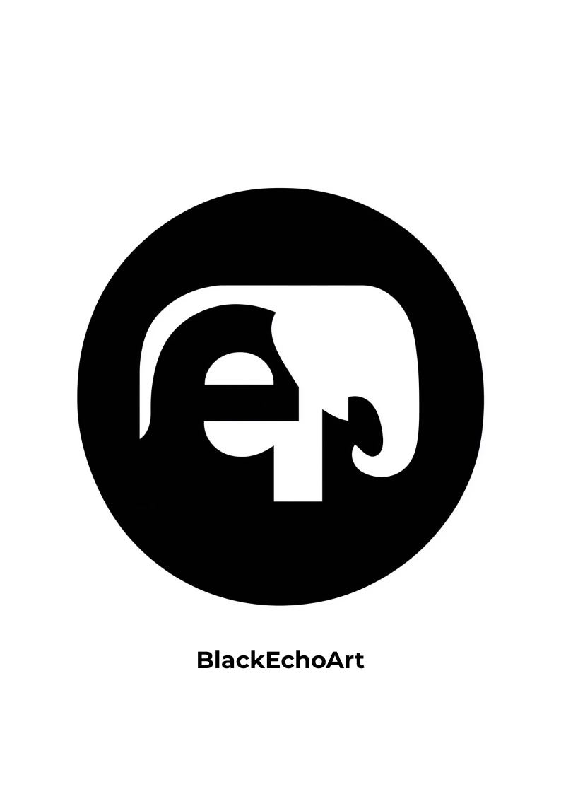 May include: A black and white logo featuring an elephant design within a black circle. The elephant is formed by the negative space of the letter "e" and a stylized trunk. The text "BlackEchoArt" is below the logo.