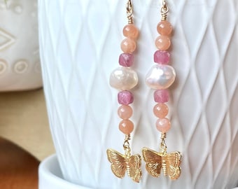 Butterfly Gold Pearl Earrings Gemstone Jewelry for Women