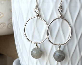 Sterling Silver Hoop Earrings Labradorite Gemstone Jewelry