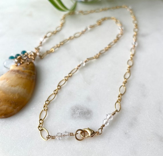 Natural thick flat wide hemp necklace with five jasper gem beads