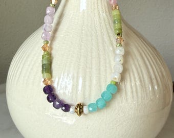 Mixed Gemstone Gold Bracelet Women’s Jewelry Aquamarine Amethyst Moonstone