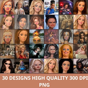 May include: A digital collection of 30 high-quality PNG images featuring various dolls with diverse facial expressions, hairstyles, and settings, including scenes of dolls in cars, at parties, and in dramatic environments, with the text 30 DESIGNS HIGH QUALITY 300 DPI PNG.