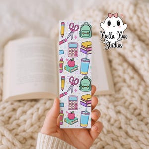 Cute School Supplies Bookmark PNG, Back to School Kawaii Bookmark Design, Seamless Pattern Digital Download 300 DPI