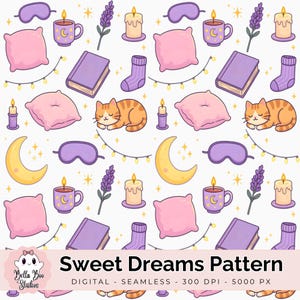 Sweet Dreams Seamless Pattern PNG, Cozy Nighttime Cat Sleep Aesthetic, Cute Bedtime Kawaii Design 300 DPI