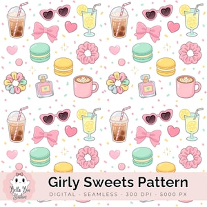 May include: A repeating pattern featuring illustrations of sweets and accessories. The design includes pink heart-shaped sunglasses, bows, macarons, drinks, scrunchies, perfume bottles, and coffee cups on a white background. The text "Girly Sweets Pattern" is at the bottom.