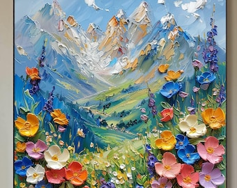 Abstract Natural Landscape Oil Painting on Canvas,Large Original Vibrant Color Flower Wall Art, Custom Painting, Modern Living Room Decor