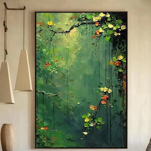 Abstract Lush Jungle Landscape Oil Painting on Canvas, Large Original Color Textured Flower Wall Art, Custom Modern Living Room Decor