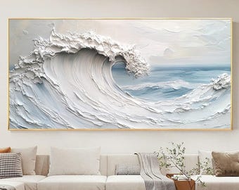 Abstract Ocean Wave Canvas Painting,Original Minimalist Textured Ocean Painting,Modern Seascape Coastal Impasto Artwork White 3D Wave Canvas