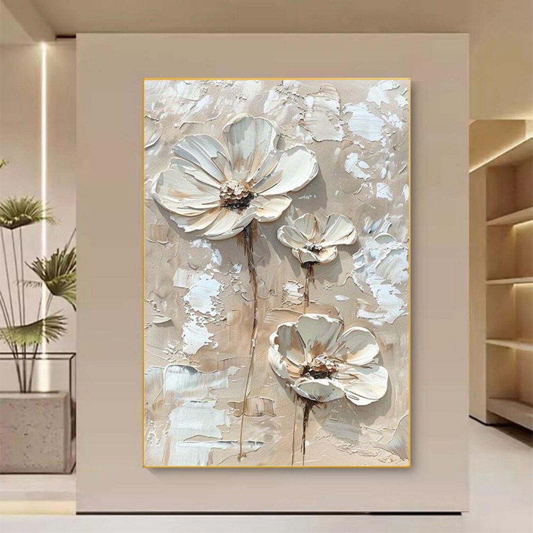 Abstract Flower Painting on Canvas,original Cream Textured Floral Wall ...