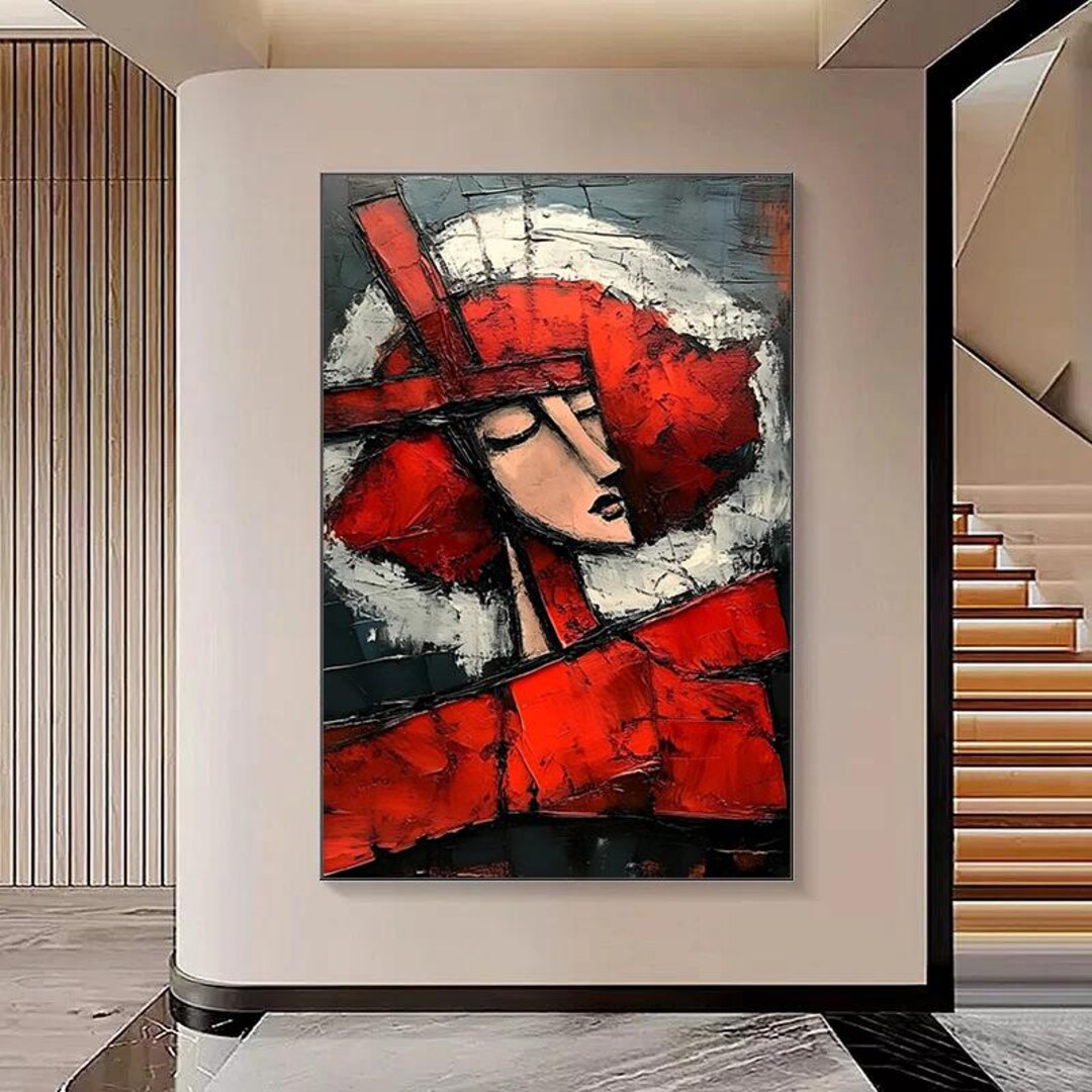 Abstract Cubist Portrait Painting on Canvas,textured Bold Red Figure ...