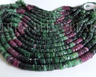 7" strand RUBY in ZOISITE faceted gem stone heishi wheel rondelle beads 6mm 6.5mm green red