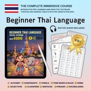 May include: A digital textbook for learning the Thai language, featuring a tablet displaying a cartoon image of a girl and elephant in front of a temple. Includes a stylus, flashcards, and the text "Beginner Thai Language".