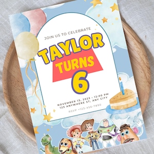 May include: A rectangular birthday invitation card featuring a light blue background with watercolor clouds, yellow stars, and balloons. The text reads JOIN US TO CELEBRATE TAYLOR TURNS 6, NOVEMBER 13, 2023, 12:00 PM, 123 ANYWHERE ST, ANY CITY, RSVP +123-456-7890.