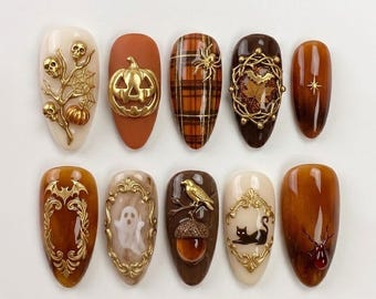 Handmade Vintage Halloween Press On Nails | Luxury 3D Pumpkin, Ghost & Antique Gold Frame Art | Autumn Custom Nails Set