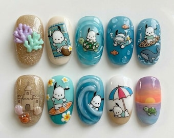 Handmade Pochacco Summer Press On Nails | Luxury 3D Ocean Wave & Beach Art | Cute Vacation Custom Nails Set