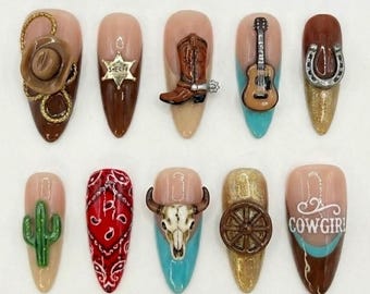 Presse cowgirl côtière faite main sur les ongles, art 3D turquoise taureau crâne cactus, conception de botte de guitare western, ensemble d'été à la mode