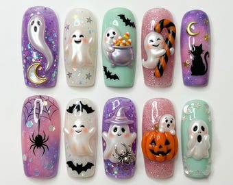 Handmade Kawaii Halloween Press On Nails | Luxury 3D Cute Ghost & Pumpkin Nail Art | Pastel Spooky Custom Nails Set
