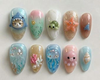 Handmade Kawaii Sea Press On Nails | Luxury 3D Jellyfish Coral & Starfish Art | Pastel Ocean Custom Nails Set