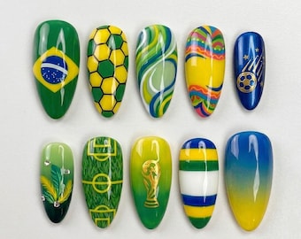 Handmade Brazil Football Press On Nails | World Cup Trophy, Soccer Ball & Flag Art | Vibrant Green Yellow Almond Set