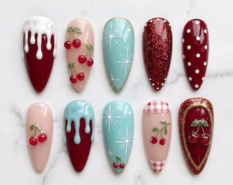 Presse-ongles rétro cerisier fait main | Art fruitier 3D et esthétique vintage pour restaurant | Ensemble de luxe aqua rouge amande
