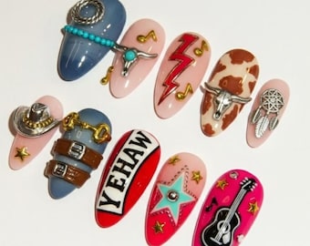 Presse de musique country de Nashville faite main sur les ongles, art 3D de chapeau de cowboy de guitare, conception d'impression de vache rose, cadeau de concert de festival