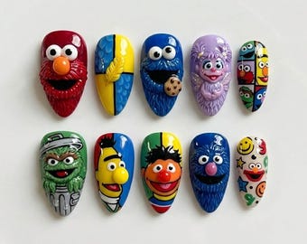 Handmade Cartoon Monster Press On Nails | Luxury 3D Cute Furry Character Art | Colorful Kawaii Custom Nails Set